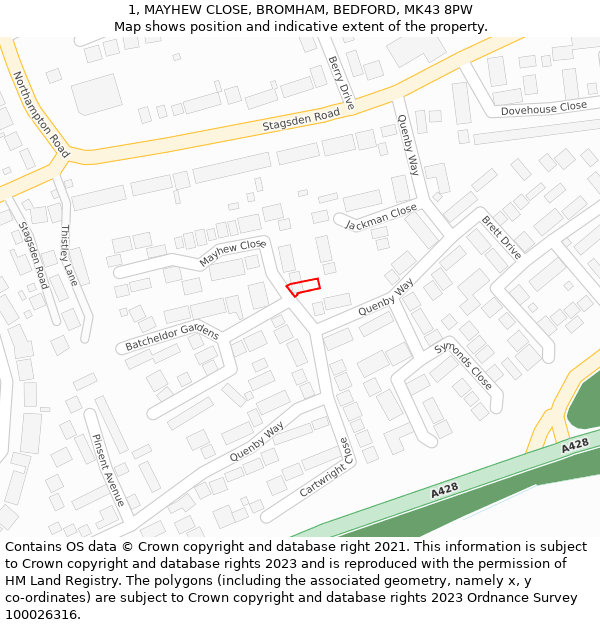 1, MAYHEW CLOSE, BROMHAM, BEDFORD, MK43 8PW: Location map and indicative extent of plot