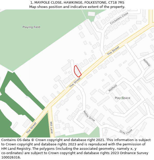 1, MAYPOLE CLOSE, HAWKINGE, FOLKESTONE, CT18 7RS: Location map and indicative extent of plot