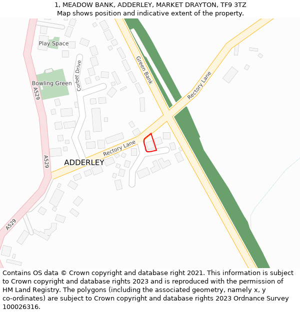 1, MEADOW BANK, ADDERLEY, MARKET DRAYTON, TF9 3TZ: Location map and indicative extent of plot