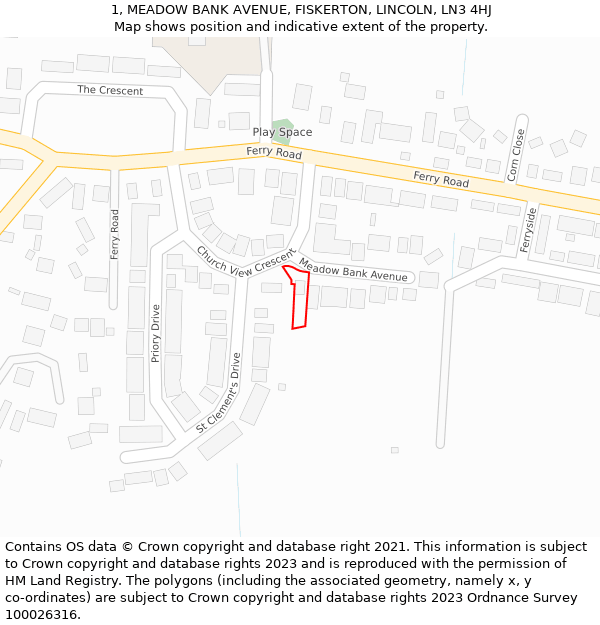 1, MEADOW BANK AVENUE, FISKERTON, LINCOLN, LN3 4HJ: Location map and indicative extent of plot