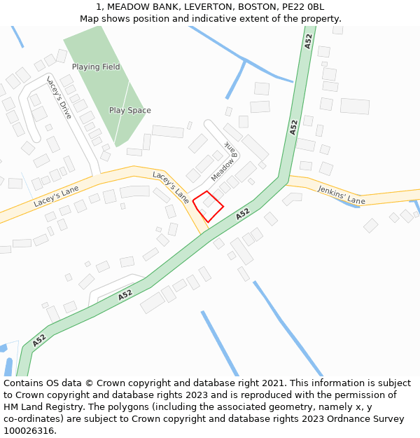 1, MEADOW BANK, LEVERTON, BOSTON, PE22 0BL: Location map and indicative extent of plot