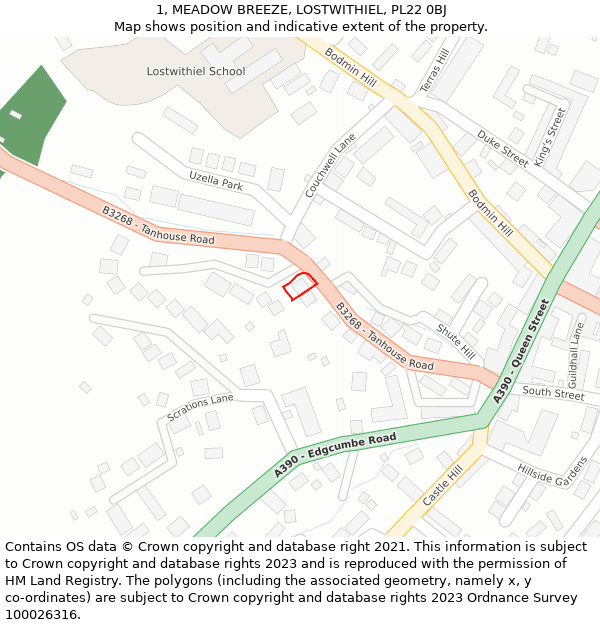 1, MEADOW BREEZE, LOSTWITHIEL, PL22 0BJ: Location map and indicative extent of plot