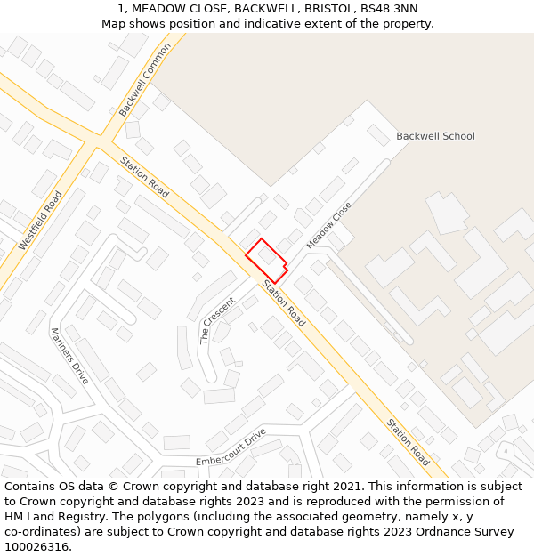 1, MEADOW CLOSE, BACKWELL, BRISTOL, BS48 3NN: Location map and indicative extent of plot