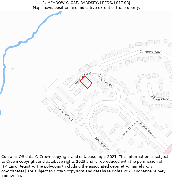 1, MEADOW CLOSE, BARDSEY, LEEDS, LS17 9BJ: Location map and indicative extent of plot