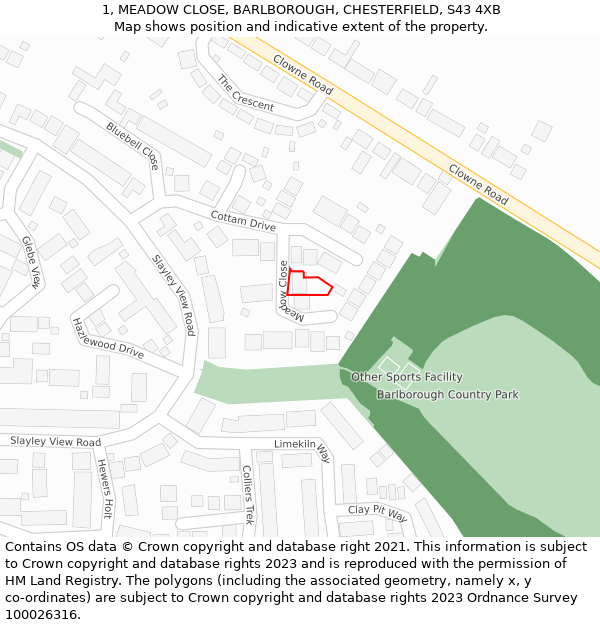 1, MEADOW CLOSE, BARLBOROUGH, CHESTERFIELD, S43 4XB: Location map and indicative extent of plot