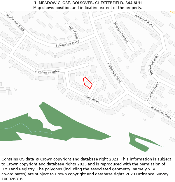 1, MEADOW CLOSE, BOLSOVER, CHESTERFIELD, S44 6UH: Location map and indicative extent of plot