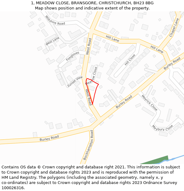 1, MEADOW CLOSE, BRANSGORE, CHRISTCHURCH, BH23 8BG: Location map and indicative extent of plot