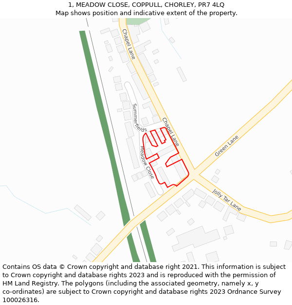 1, MEADOW CLOSE, COPPULL, CHORLEY, PR7 4LQ: Location map and indicative extent of plot