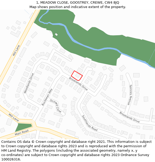 1, MEADOW CLOSE, GOOSTREY, CREWE, CW4 8JQ: Location map and indicative extent of plot