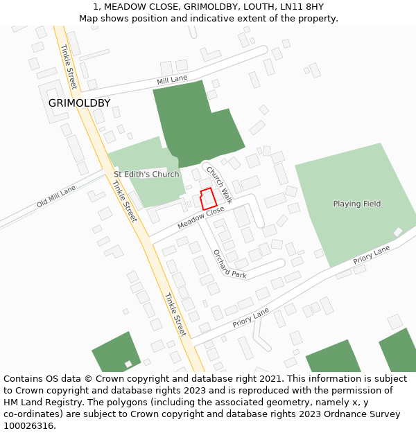 1, MEADOW CLOSE, GRIMOLDBY, LOUTH, LN11 8HY: Location map and indicative extent of plot