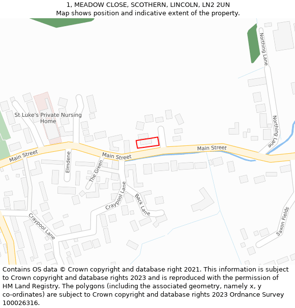 1, MEADOW CLOSE, SCOTHERN, LINCOLN, LN2 2UN: Location map and indicative extent of plot