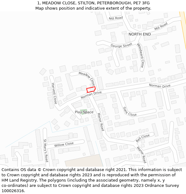 1, MEADOW CLOSE, STILTON, PETERBOROUGH, PE7 3FG: Location map and indicative extent of plot