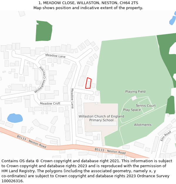 1, MEADOW CLOSE, WILLASTON, NESTON, CH64 2TS: Location map and indicative extent of plot