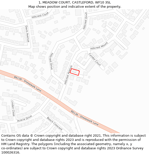 1, MEADOW COURT, CASTLEFORD, WF10 3SL: Location map and indicative extent of plot