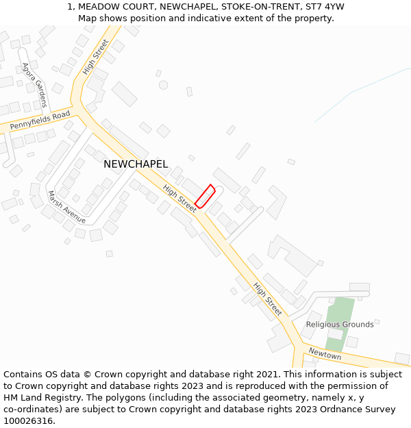 1, MEADOW COURT, NEWCHAPEL, STOKE-ON-TRENT, ST7 4YW: Location map and indicative extent of plot