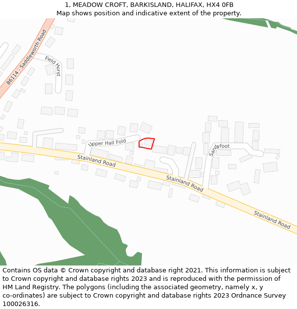 1, MEADOW CROFT, BARKISLAND, HALIFAX, HX4 0FB: Location map and indicative extent of plot