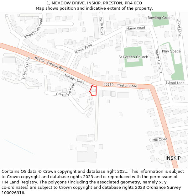 1, MEADOW DRIVE, INSKIP, PRESTON, PR4 0EQ: Location map and indicative extent of plot