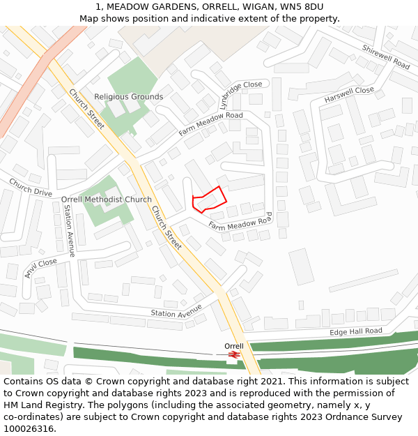 1, MEADOW GARDENS, ORRELL, WIGAN, WN5 8DU: Location map and indicative extent of plot