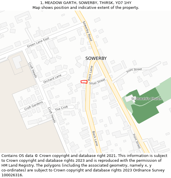 1, MEADOW GARTH, SOWERBY, THIRSK, YO7 1HY: Location map and indicative extent of plot