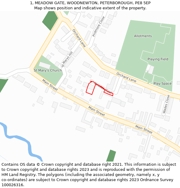 1, MEADOW GATE, WOODNEWTON, PETERBOROUGH, PE8 5EP: Location map and indicative extent of plot