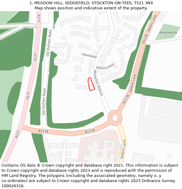 1, MEADOW HILL, SEDGEFIELD, STOCKTON-ON-TEES, TS21 3NX: Location map and indicative extent of plot