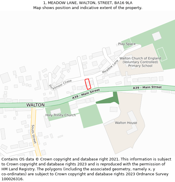 1, MEADOW LANE, WALTON, STREET, BA16 9LA: Location map and indicative extent of plot