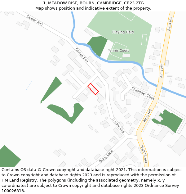 1, MEADOW RISE, BOURN, CAMBRIDGE, CB23 2TG: Location map and indicative extent of plot