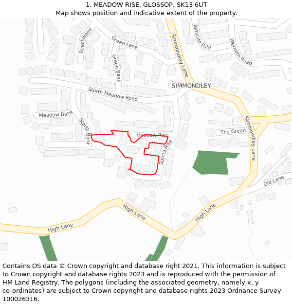 1, MEADOW RISE, GLOSSOP, SK13 6UT: Location map and indicative extent of plot