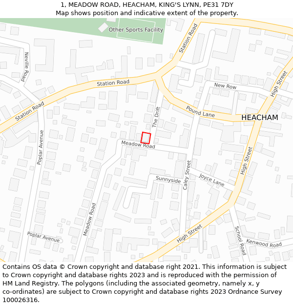 1, MEADOW ROAD, HEACHAM, KING'S LYNN, PE31 7DY: Location map and indicative extent of plot