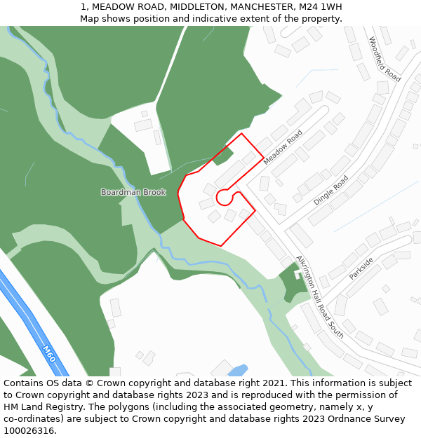 1, MEADOW ROAD, MIDDLETON, MANCHESTER, M24 1WH: Location map and indicative extent of plot