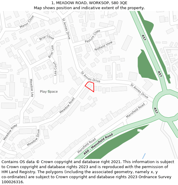 1, MEADOW ROAD, WORKSOP, S80 3QE: Location map and indicative extent of plot