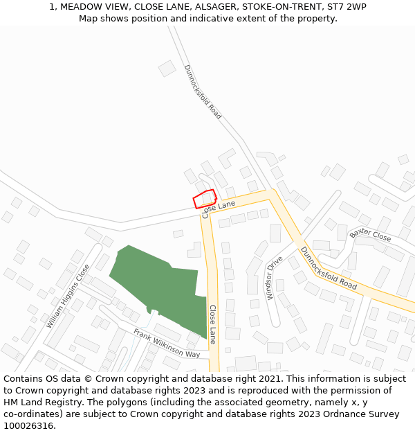 1, MEADOW VIEW, CLOSE LANE, ALSAGER, STOKE-ON-TRENT, ST7 2WP: Location map and indicative extent of plot