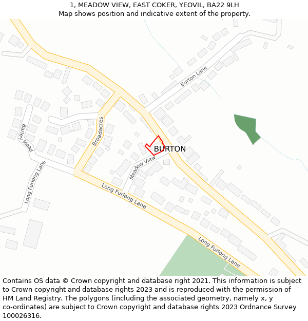 1, MEADOW VIEW, EAST COKER, YEOVIL, BA22 9LH: Location map and indicative extent of plot