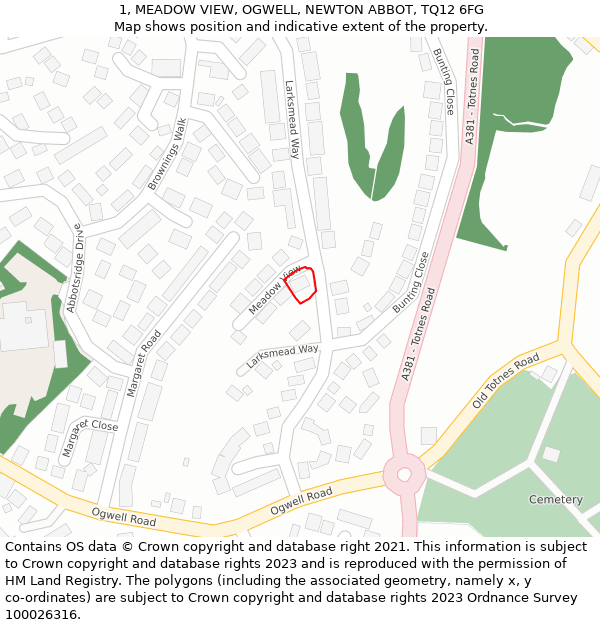 1, MEADOW VIEW, OGWELL, NEWTON ABBOT, TQ12 6FG: Location map and indicative extent of plot