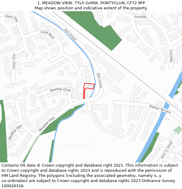 1, MEADOW VIEW, TYLA GARW, PONTYCLUN, CF72 9FP: Location map and indicative extent of plot