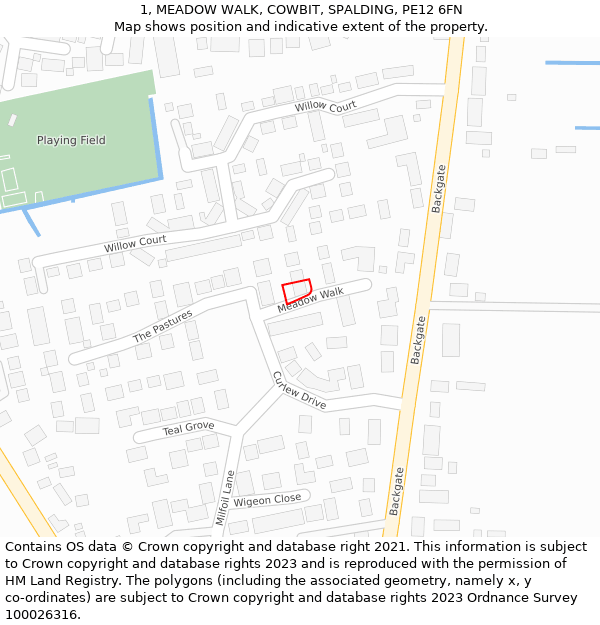 1, MEADOW WALK, COWBIT, SPALDING, PE12 6FN: Location map and indicative extent of plot