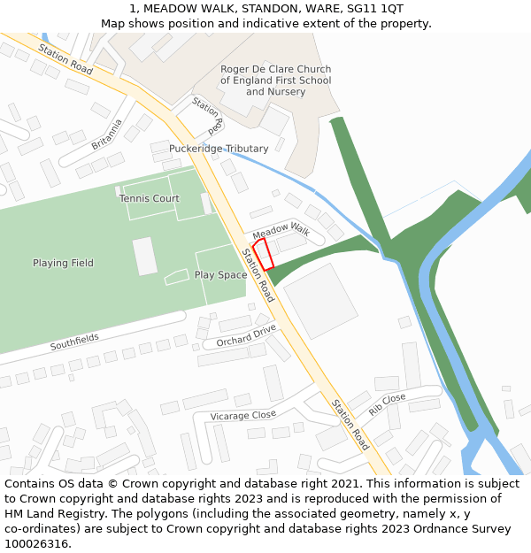 1, MEADOW WALK, STANDON, WARE, SG11 1QT: Location map and indicative extent of plot