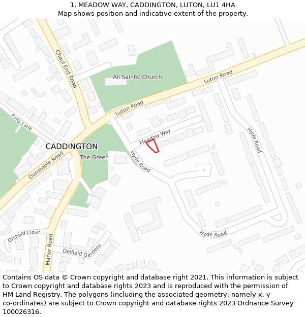 1, MEADOW WAY, CADDINGTON, LUTON, LU1 4HA: Location map and indicative extent of plot