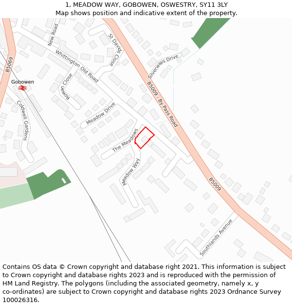 1, MEADOW WAY, GOBOWEN, OSWESTRY, SY11 3LY: Location map and indicative extent of plot