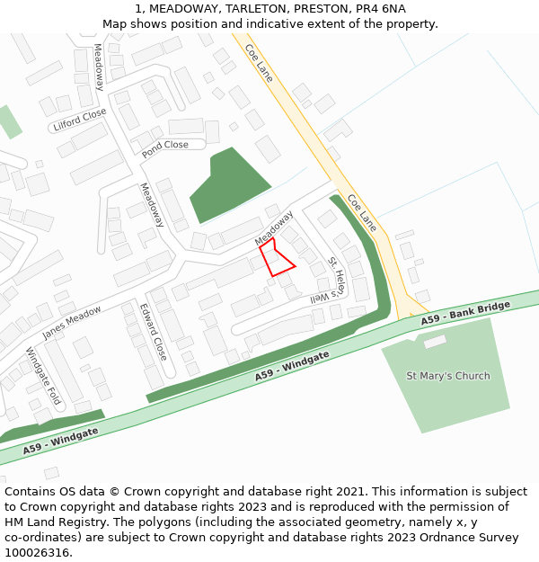 1, MEADOWAY, TARLETON, PRESTON, PR4 6NA: Location map and indicative extent of plot
