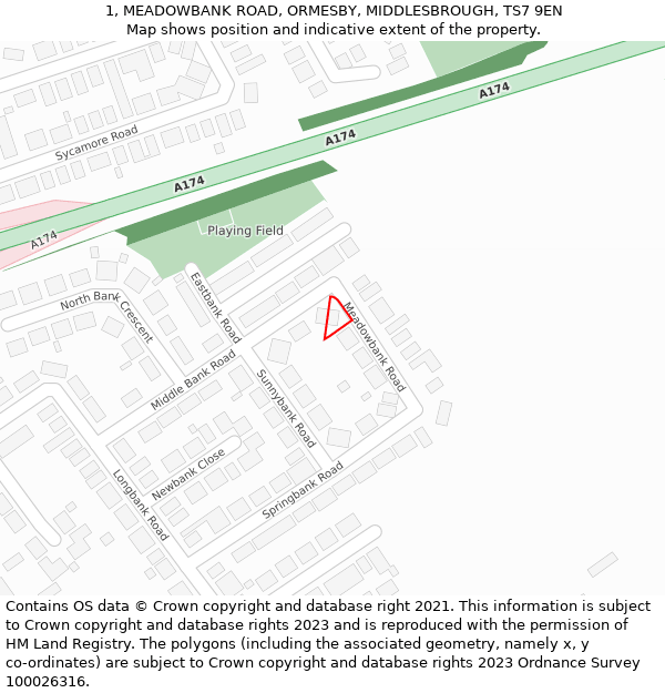 1, MEADOWBANK ROAD, ORMESBY, MIDDLESBROUGH, TS7 9EN: Location map and indicative extent of plot