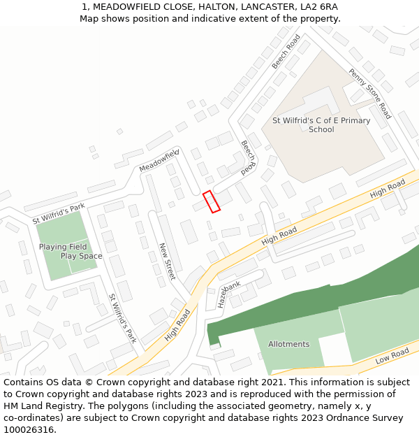 1, MEADOWFIELD CLOSE, HALTON, LANCASTER, LA2 6RA: Location map and indicative extent of plot