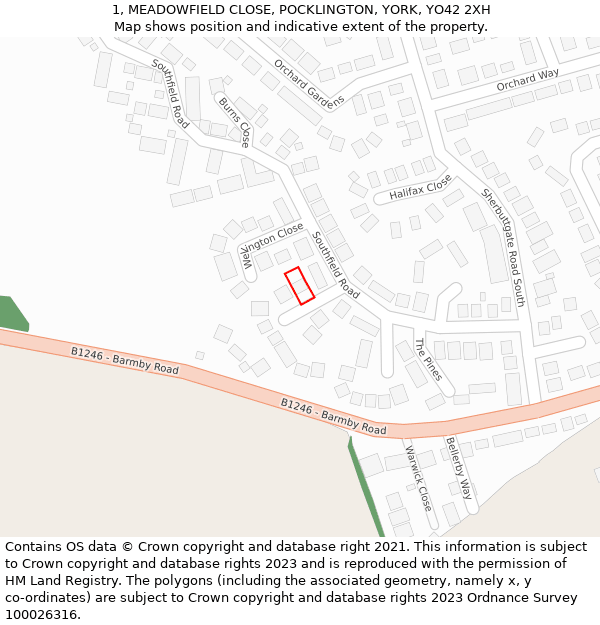 1, MEADOWFIELD CLOSE, POCKLINGTON, YORK, YO42 2XH: Location map and indicative extent of plot