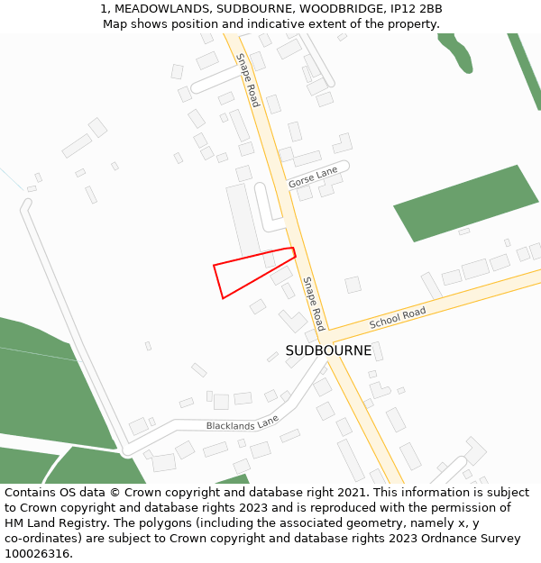 1, MEADOWLANDS, SUDBOURNE, WOODBRIDGE, IP12 2BB: Location map and indicative extent of plot