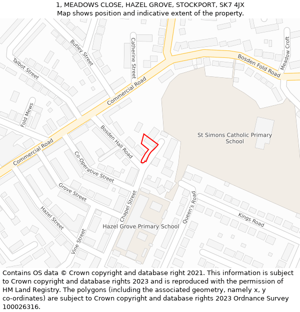 1, MEADOWS CLOSE, HAZEL GROVE, STOCKPORT, SK7 4JX: Location map and indicative extent of plot