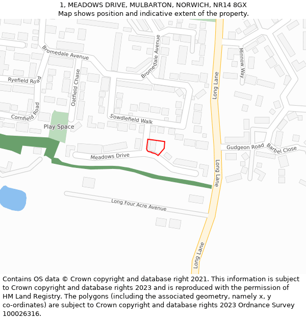 1, MEADOWS DRIVE, MULBARTON, NORWICH, NR14 8GX: Location map and indicative extent of plot