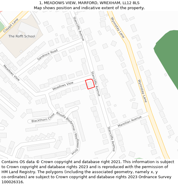 1, MEADOWS VIEW, MARFORD, WREXHAM, LL12 8LS: Location map and indicative extent of plot