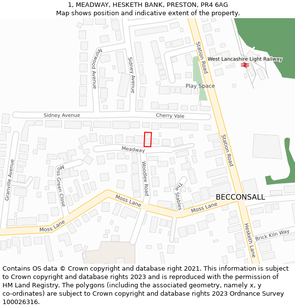 1, MEADWAY, HESKETH BANK, PRESTON, PR4 6AG: Location map and indicative extent of plot