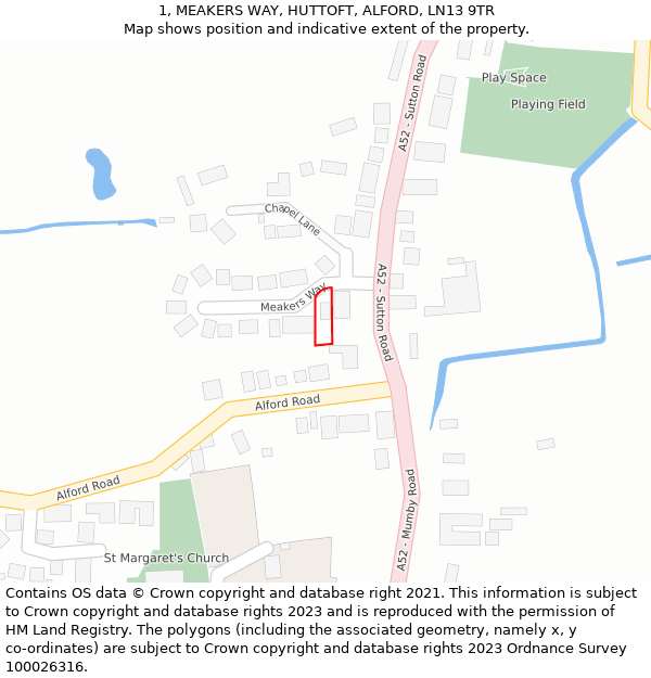 1, MEAKERS WAY, HUTTOFT, ALFORD, LN13 9TR: Location map and indicative extent of plot