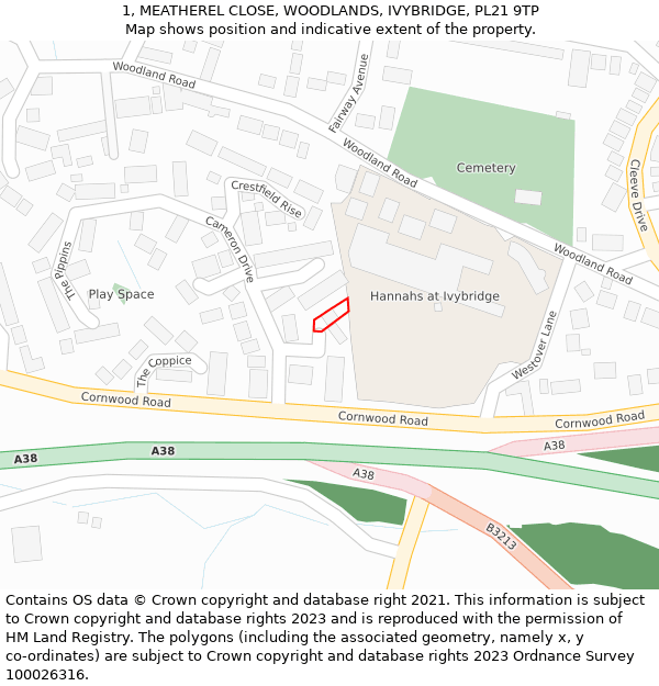 1, MEATHEREL CLOSE, WOODLANDS, IVYBRIDGE, PL21 9TP: Location map and indicative extent of plot